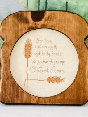 Vintage Cross Stitch Needlepoint Bread Frame Prayer Daily Bread Cottagecore 80s